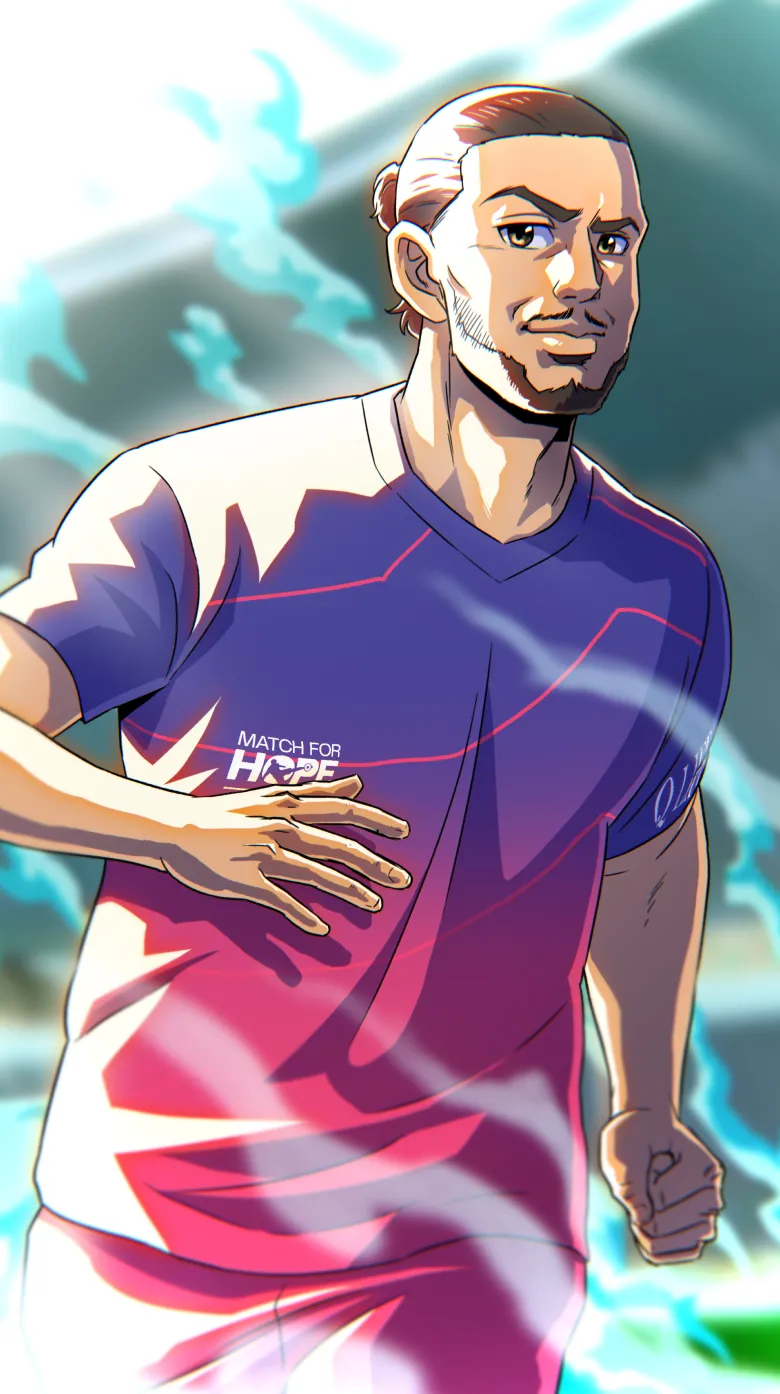 An illustrated man with light skin, tied-back hair, and a beard runs forward in a purple and red "Match for Hope" jersey, representing the global campaign held in Qatar, with sunlight and dynamic streaks in the background.