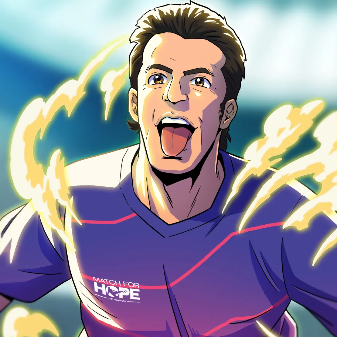 An animated soccer player in a "Match for Hope" jersey celebrates energetically with arms raised, surrounded by yellow energy streaks—capturing the spirit of a global campaign against a blurred stadium background.