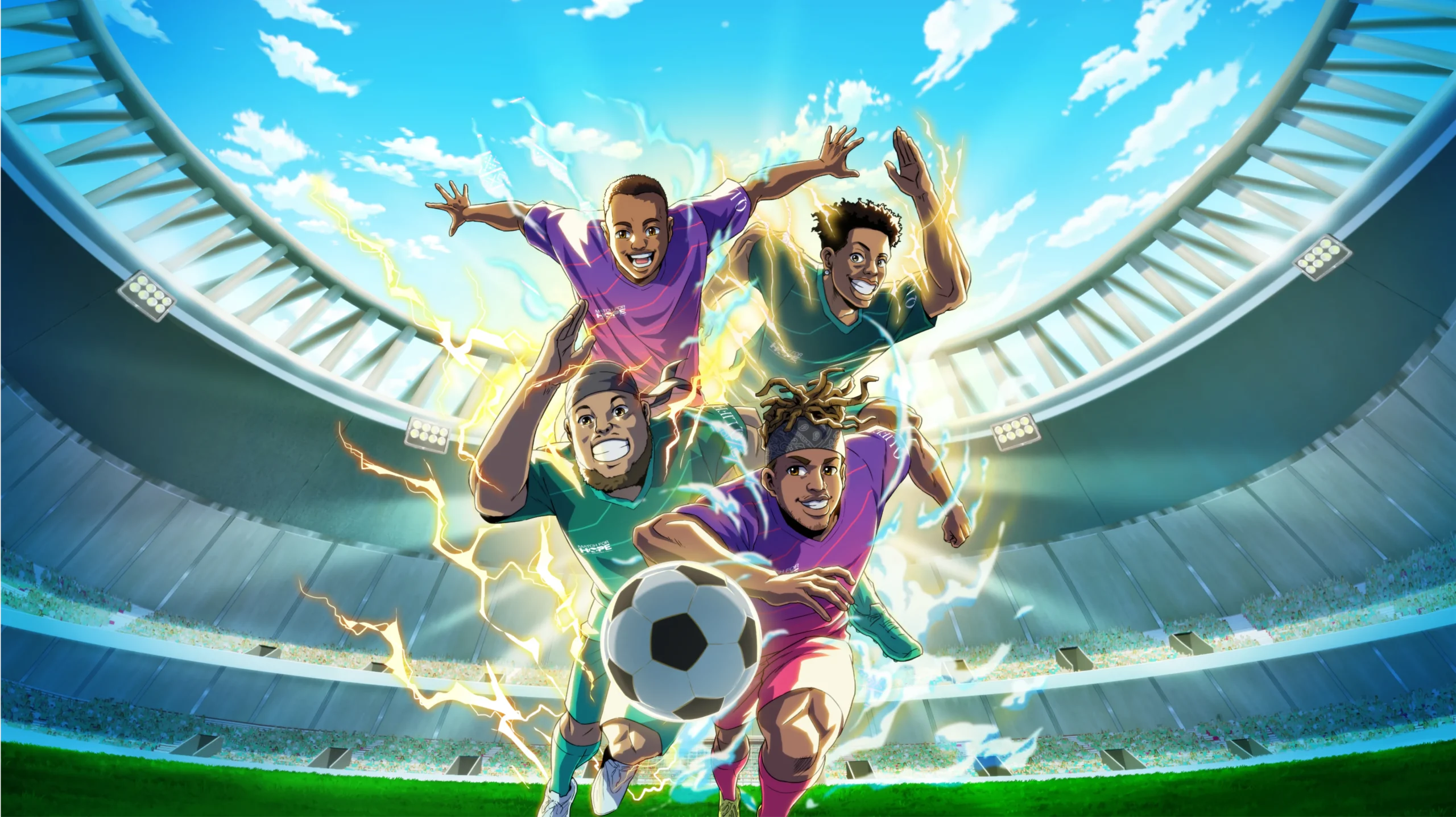 Four animated soccer players, energized with yellow lightning, charge forward on a stadium field under a bright blue sky—capturing the spirit of international relations as a large crowd cheers and one player leads with the ball.