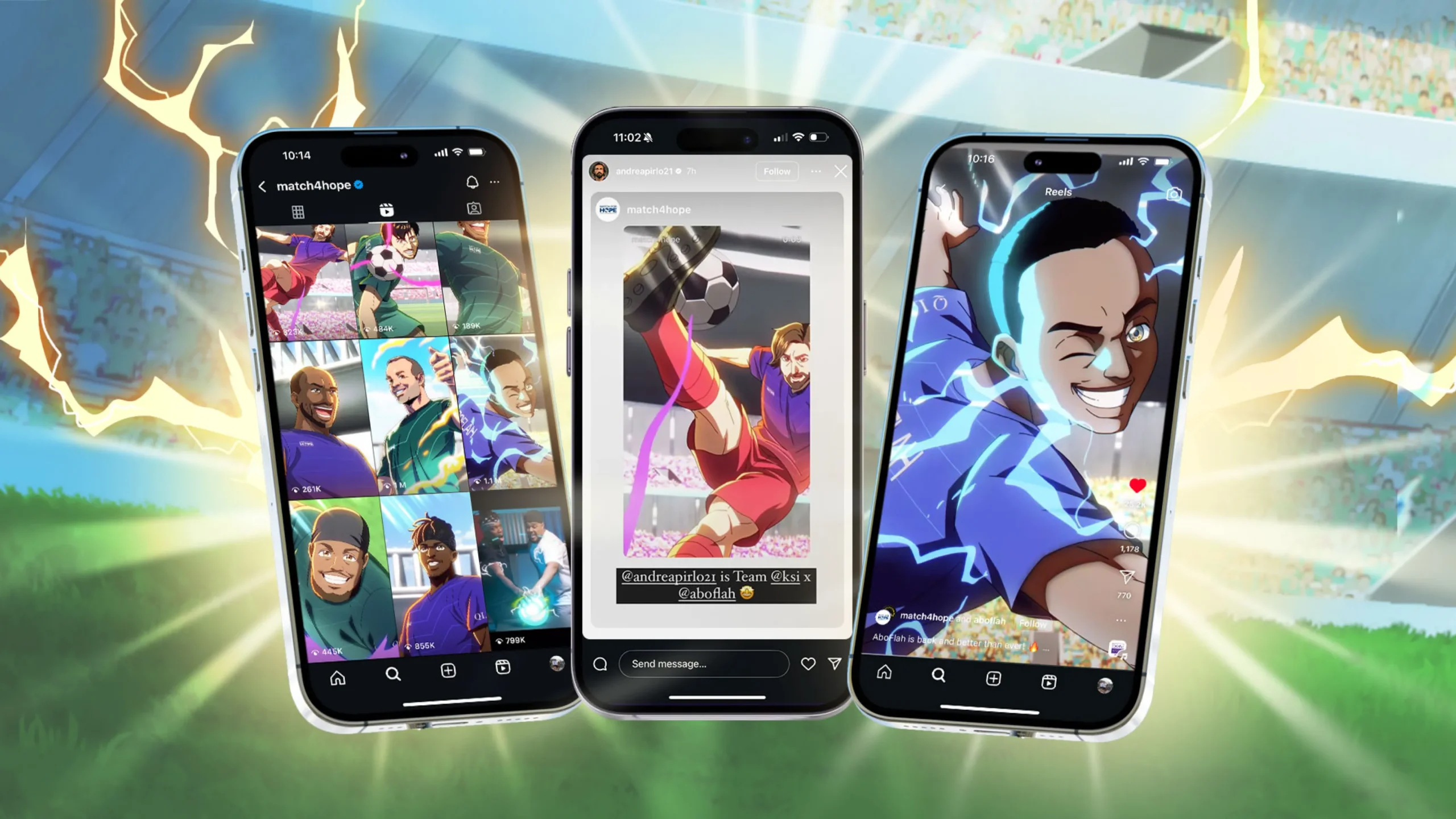 Three smartphones display animated soccer-themed social media content, showcasing a grid of soccer images, a story of a player kicking a ball, and a close-up of an excited player surrounded by blue energy effects—powerful tools for nation branding.