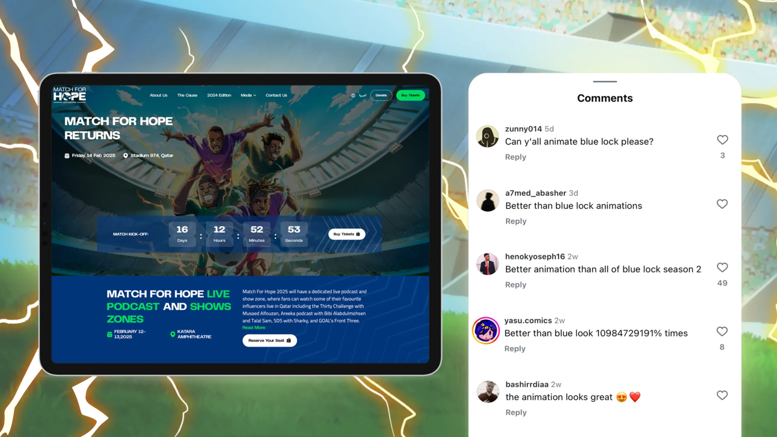 A tablet displays a colorful animated sports website featuring athletes, while a split screen shows social media comments praising the blue look and animation style—part of a global campaign. Lightning graphics flash in the background.