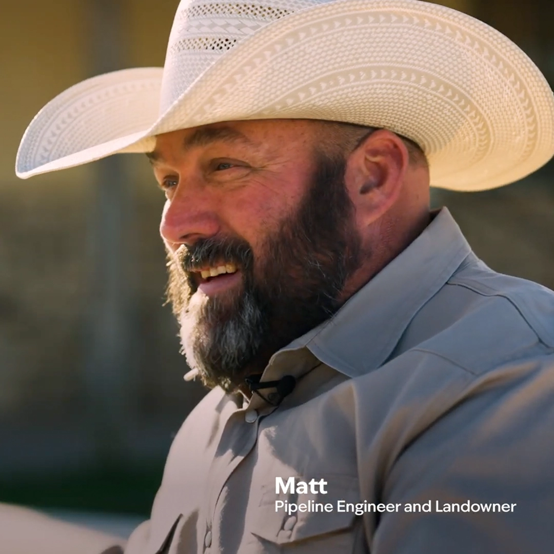 A bearded man wearing a white cowboy hat and a grey shirt, identified as "Matt, Pipeline Engineer and Landowner," smiles while looking to the left. The background is softly blurred.