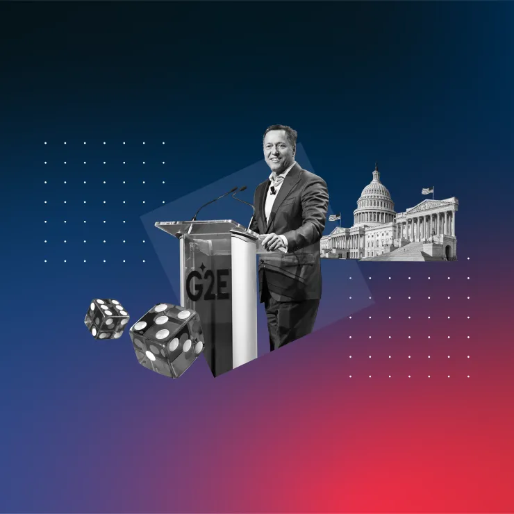 A man stands at a podium labeled "G2E" with dice and the U.S. Capitol building in the background on a gradient blue and red graphic design.