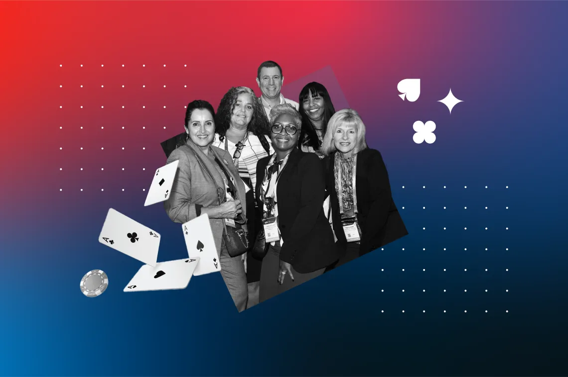 A group of six smiling people pose together, surrounded by illustrated playing cards, a poker chip, and card suit symbols on a blue-to-red gradient background with dotted patterns.