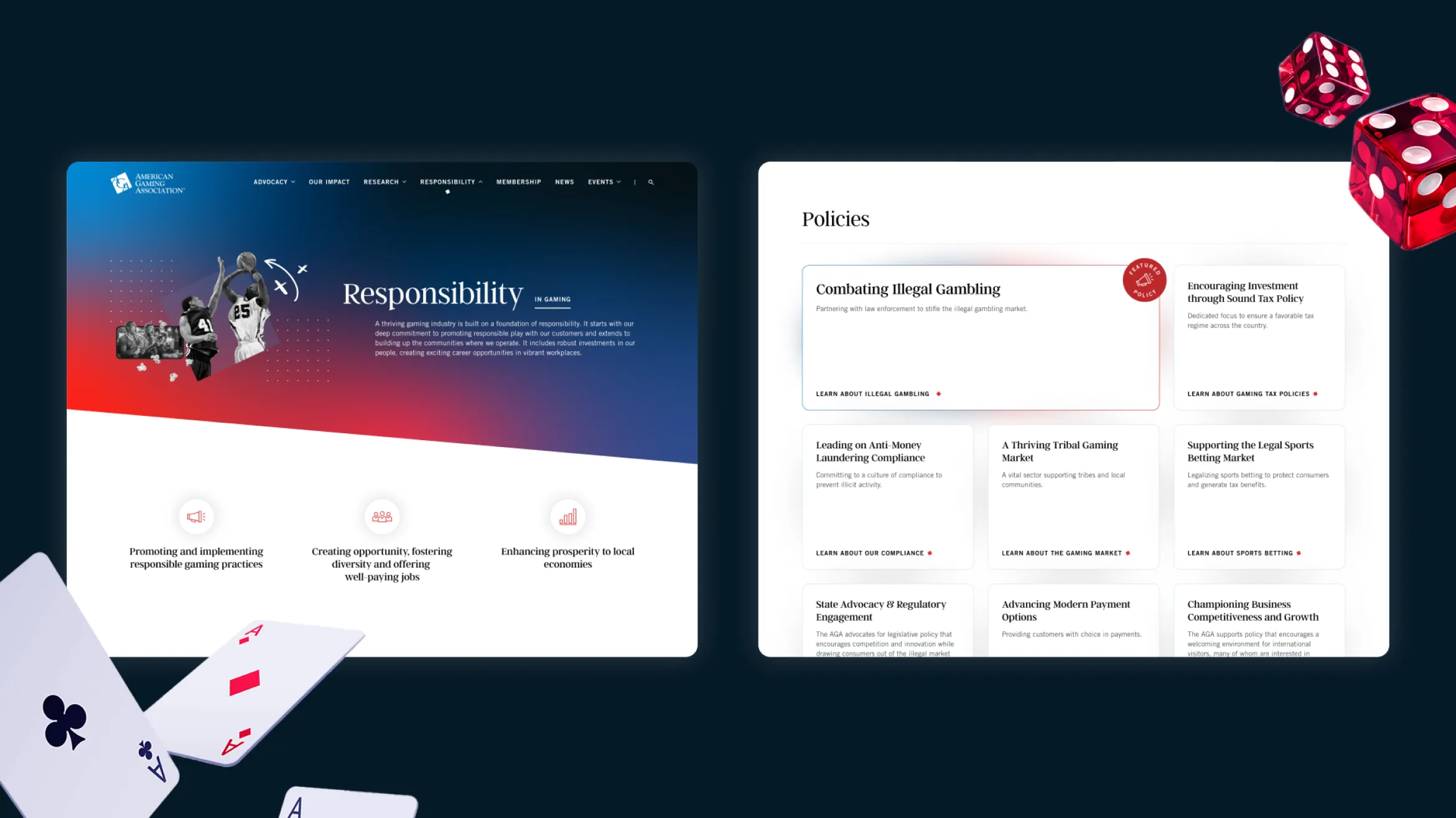 Two web pages are displayed side by side on a dark background. The left page highlights "Responsibility" with gambling imagery, while the right page lists policies related to illegal gambling. Playing cards and dice decorate the corners.
