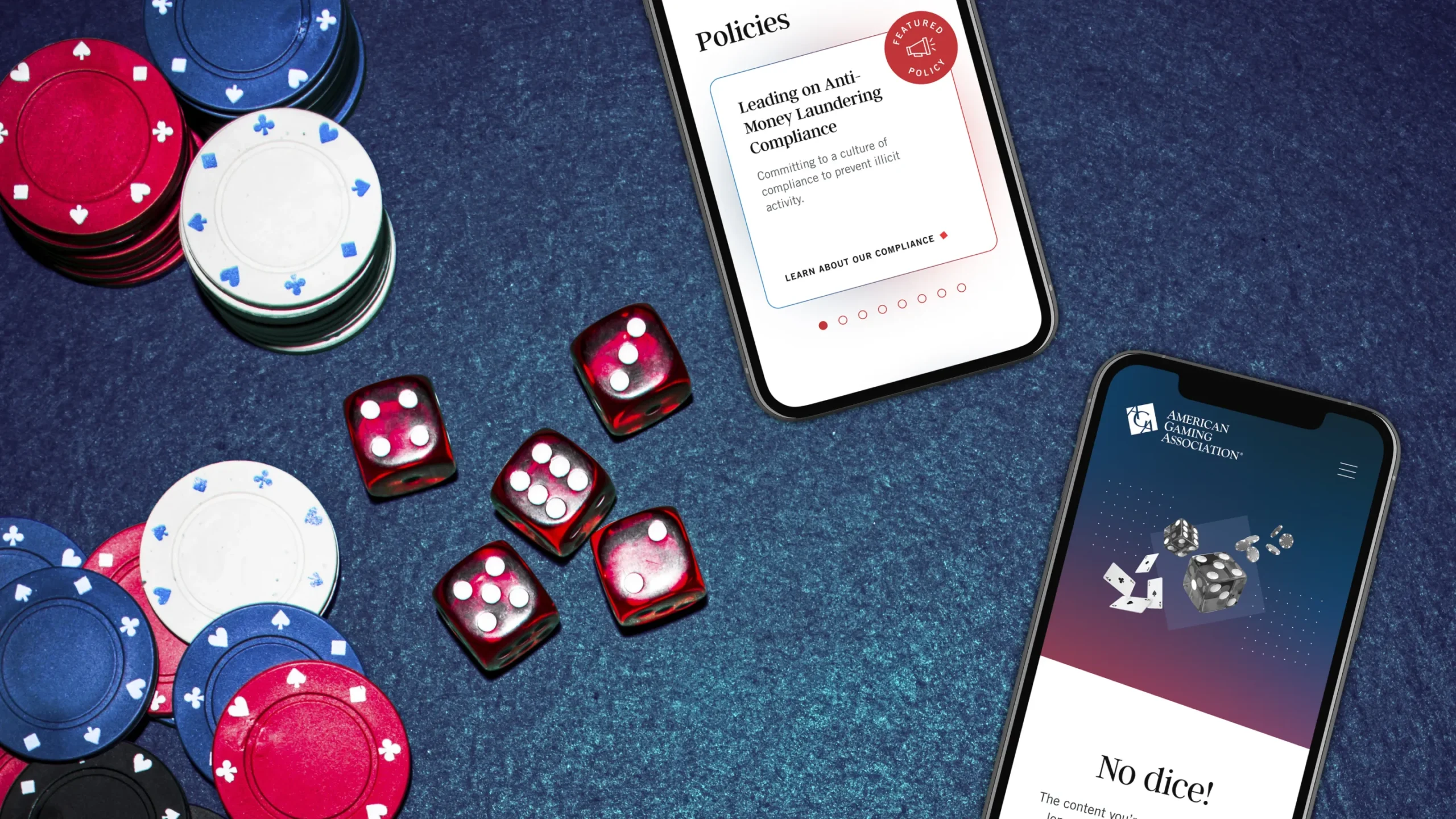 Poker chips and red dice are scattered on a blue surface. Two smartphones display gambling-related policy and compliance information on their screens.