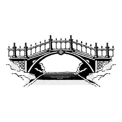 A black and white illustration of a bridge overpassing a river.