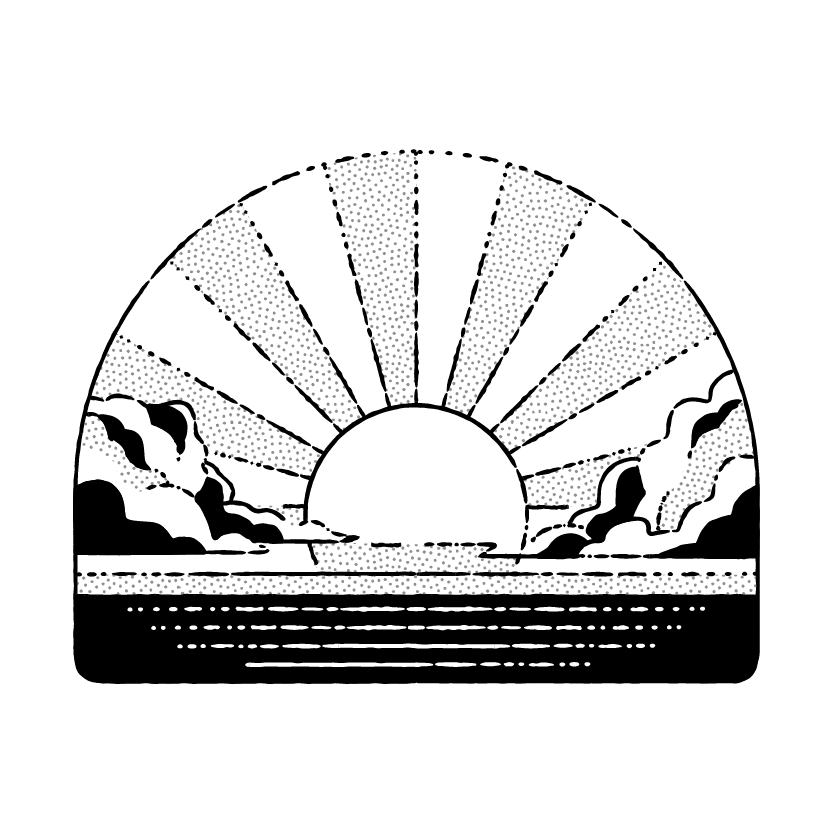 A stylized, dotted graphic of a sunset or sunrise with broad rays and clouds reflects over water lines on a black background—an image that captures the creative public affairs strategy at the heart of Our Story.