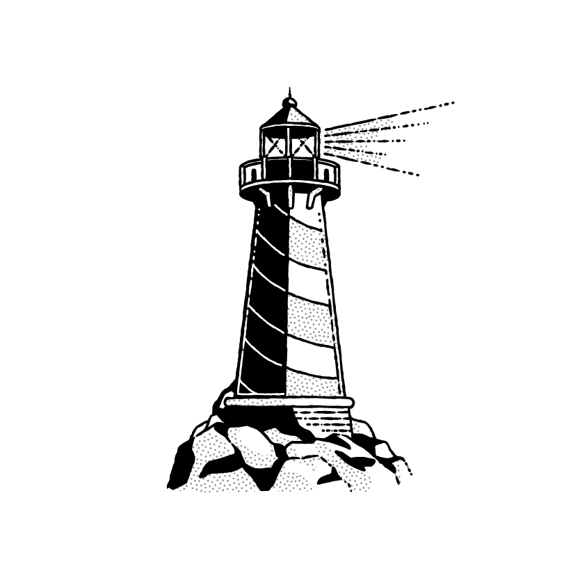 A black and white illustration of a lighthouse standing on rocky ground, with beams of light shining from the top, symbolizes innovative storytelling against a solid black background.