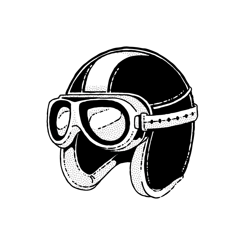 A stylized, black-and-white illustration of a vintage motorcycle helmet with goggles and a white stripe down the center, capturing the bold spirit of innovative storytelling, set against a solid black background.