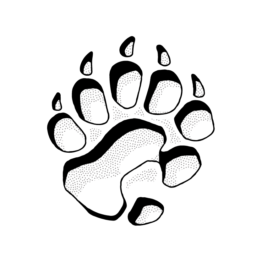 A black and white illustration of a paw print with textured shading, set against a solid black background, represents Our Story—an innovative storytelling approach inspired by leading public relations agency designs.