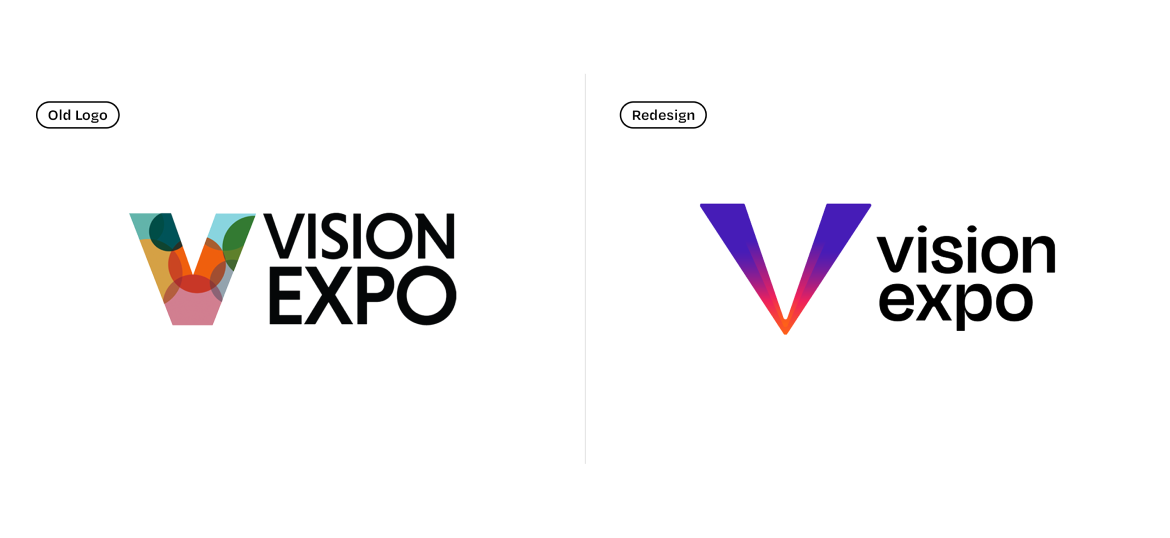 Side-by-side comparison of Vision Expo logos: the left reflects an earlier communication strategy with overlapping "V" shapes, while the right features a modern, stylized purple-red "V" and updated lowercase text.