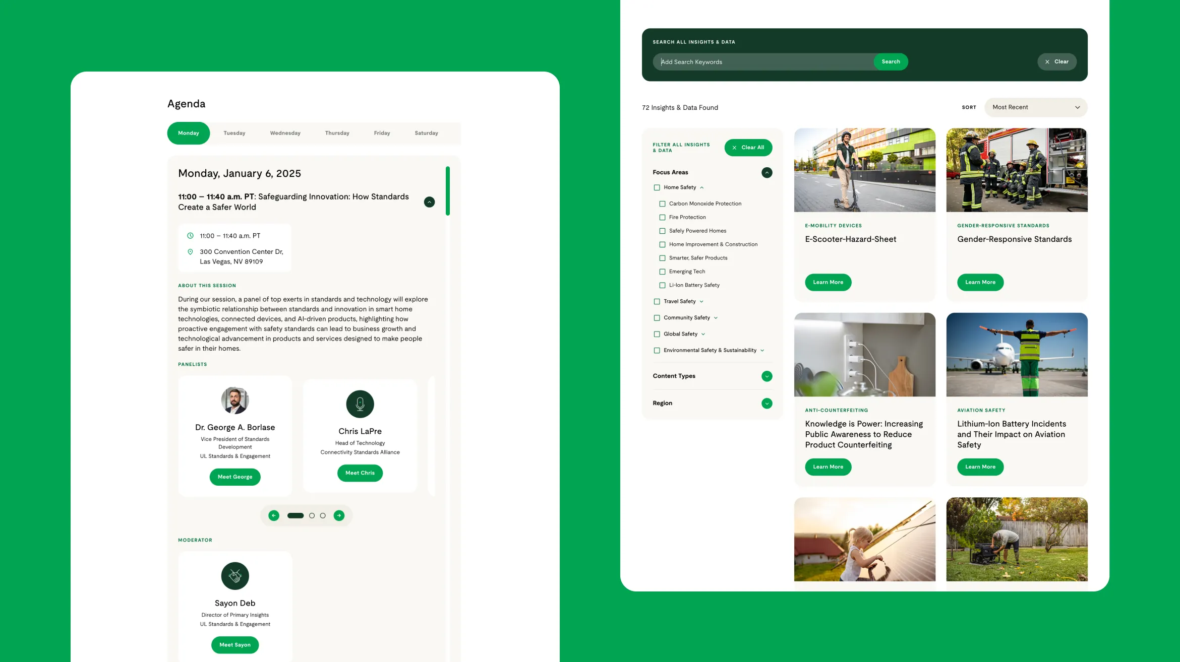 A digital conference platform interface showing an agenda with session details, speakers, and a dashboard with a resource list, article cards with images, filter options, and a search bar, all on a green background.