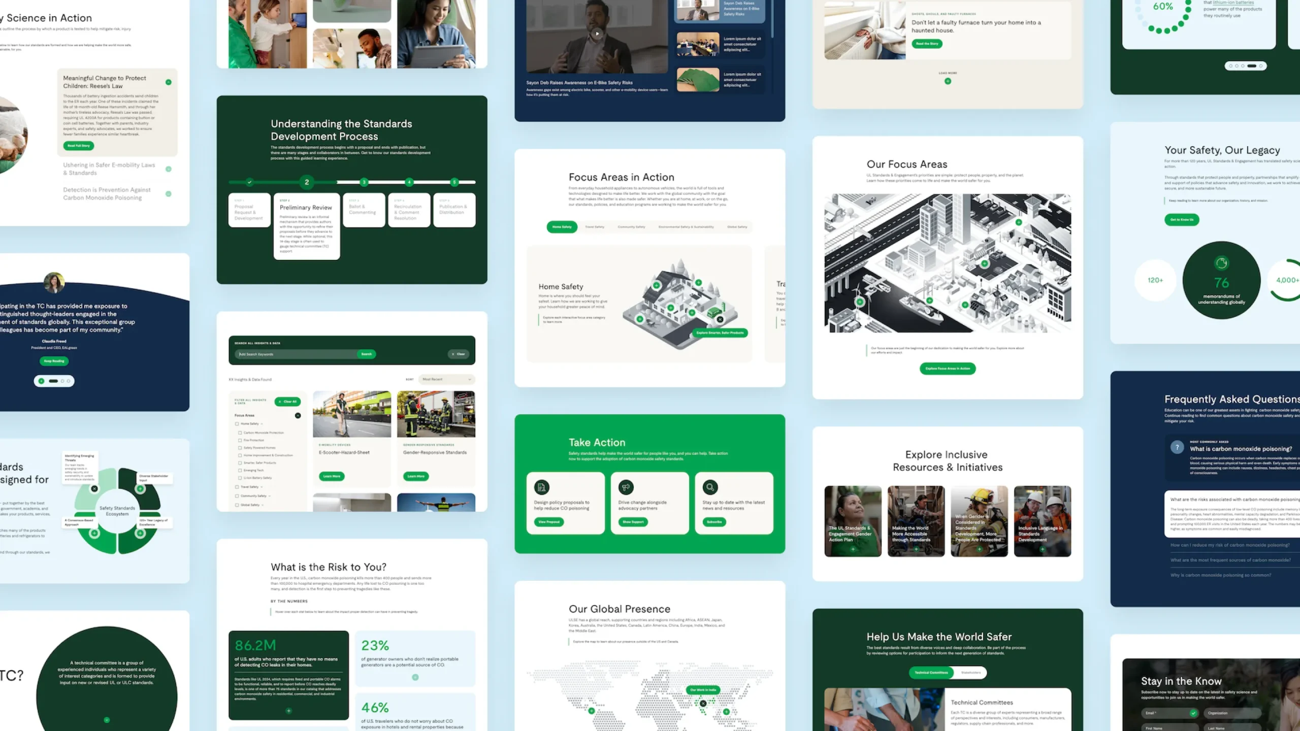 A collage of website design mockups featuring layouts with images, icons, maps, text blocks, and green call-to-action buttons on white and dark green backgrounds. The designs are arranged in a neat grid.