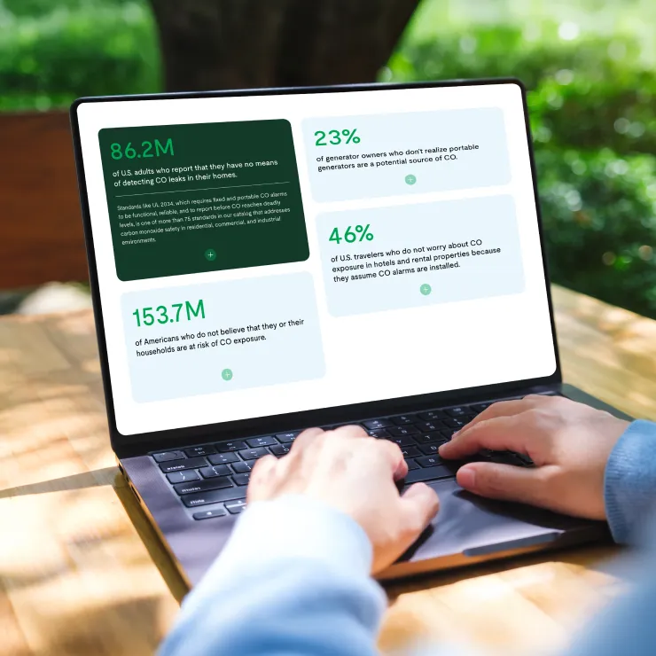 A person uses a laptop outdoors on a wooden table. The laptop screen displays statistics and figures about carbon monoxide awareness in the U.S., highlighted in green and white text boxes.