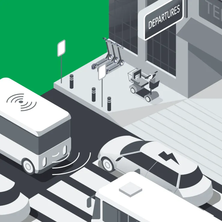 A grayscale illustration of autonomous vehicles near an airport departures area, featuring self-driving cars, a bus, e-scooters, and a robotic delivery cart on the sidewalk by the terminal entrance.