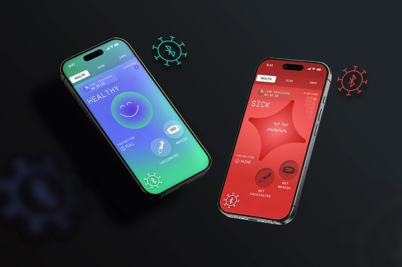 Two smartphones display health status apps; the left screen is green with a smiley face labeled "healthy," while the right is red with "sick." Virus icons surround the phones, illustrating a Global awareness campaign on a dark background.