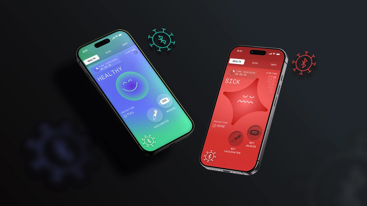 Two smartphones display health status apps, highlighting PATH's commitment to Health Advocacy: one shows a green "HEALTHY" status, the other a red "SICK" status, with virus icons floating around both—capturing the impact of an experiential event.