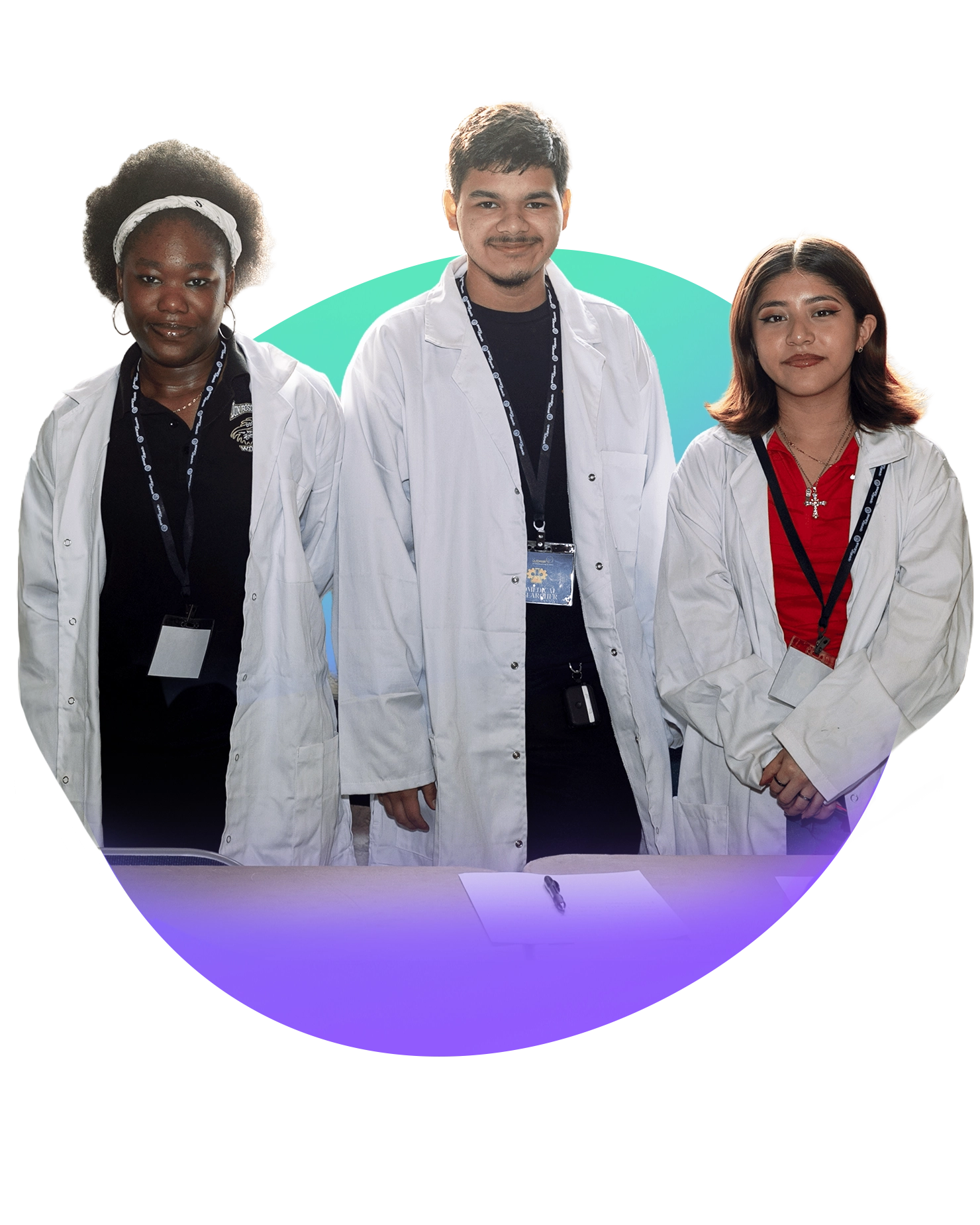 Three young people wearing white lab coats and ID badges stand side by side, facing the camera, representing PATH against a bright teal and purple background as part of a global awareness campaign.