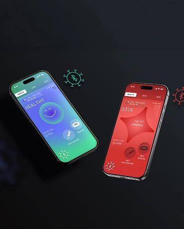 Two smartphones displaying health status apps: one screen is green and reads “HEALTHY” with a smiley face, while the other is red and reads “SICK”—perfect for experiential marketing campaigns on PATH or World Toilet Day awareness.