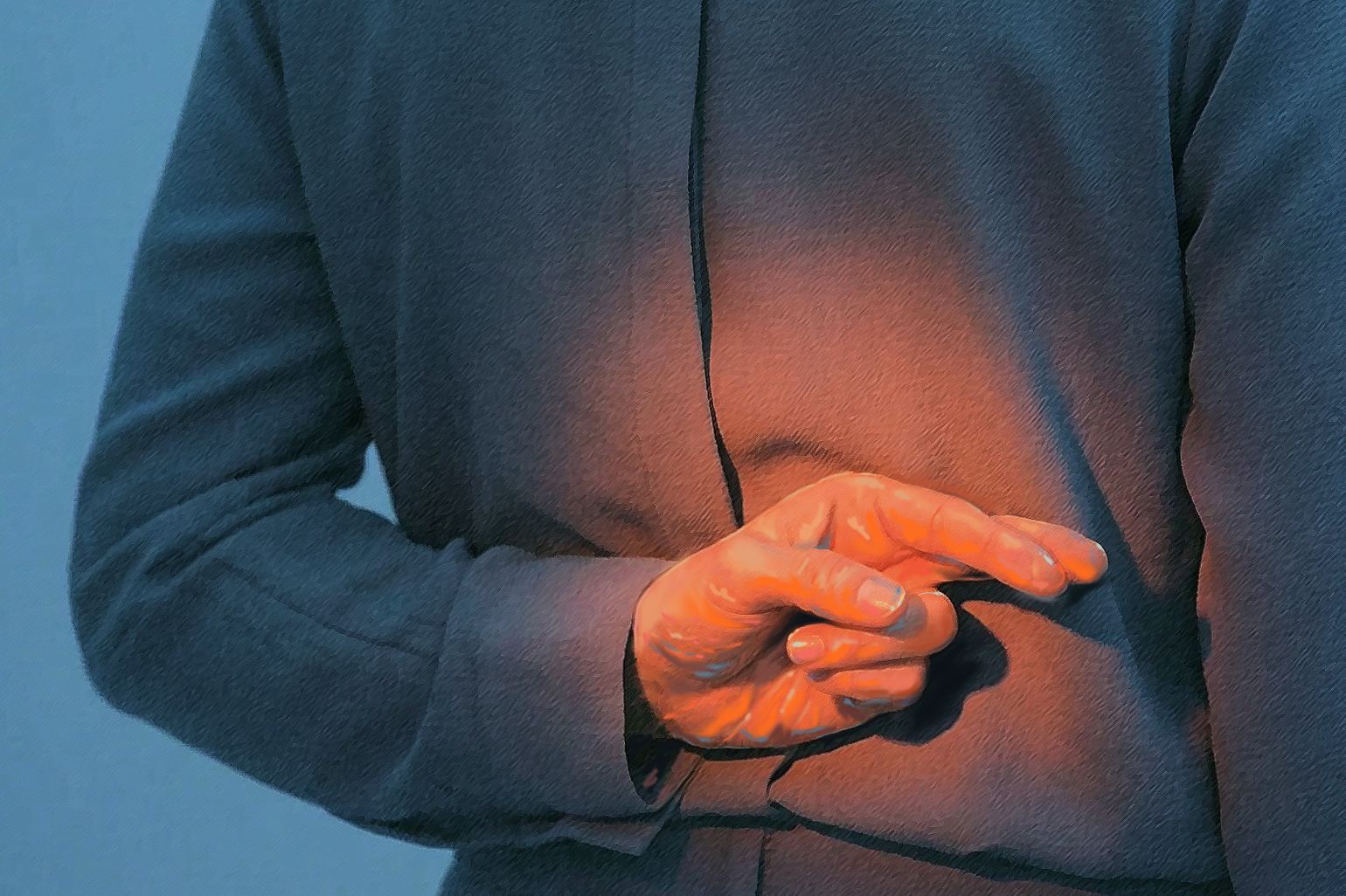A person in a blue coat has their hand behind their back with fingers crossed, evoking the hidden truths of internet and digital experiences. Warm light highlights the hand, while the rest of the scene appears cool-toned.