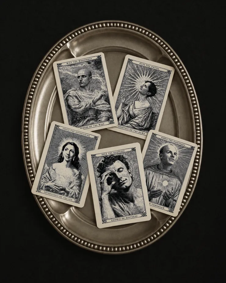 Five illustrated cards with detailed black-and-white portraits of people are arranged on a round, silver platter against a black background. Each card has text at the top and bottom.
